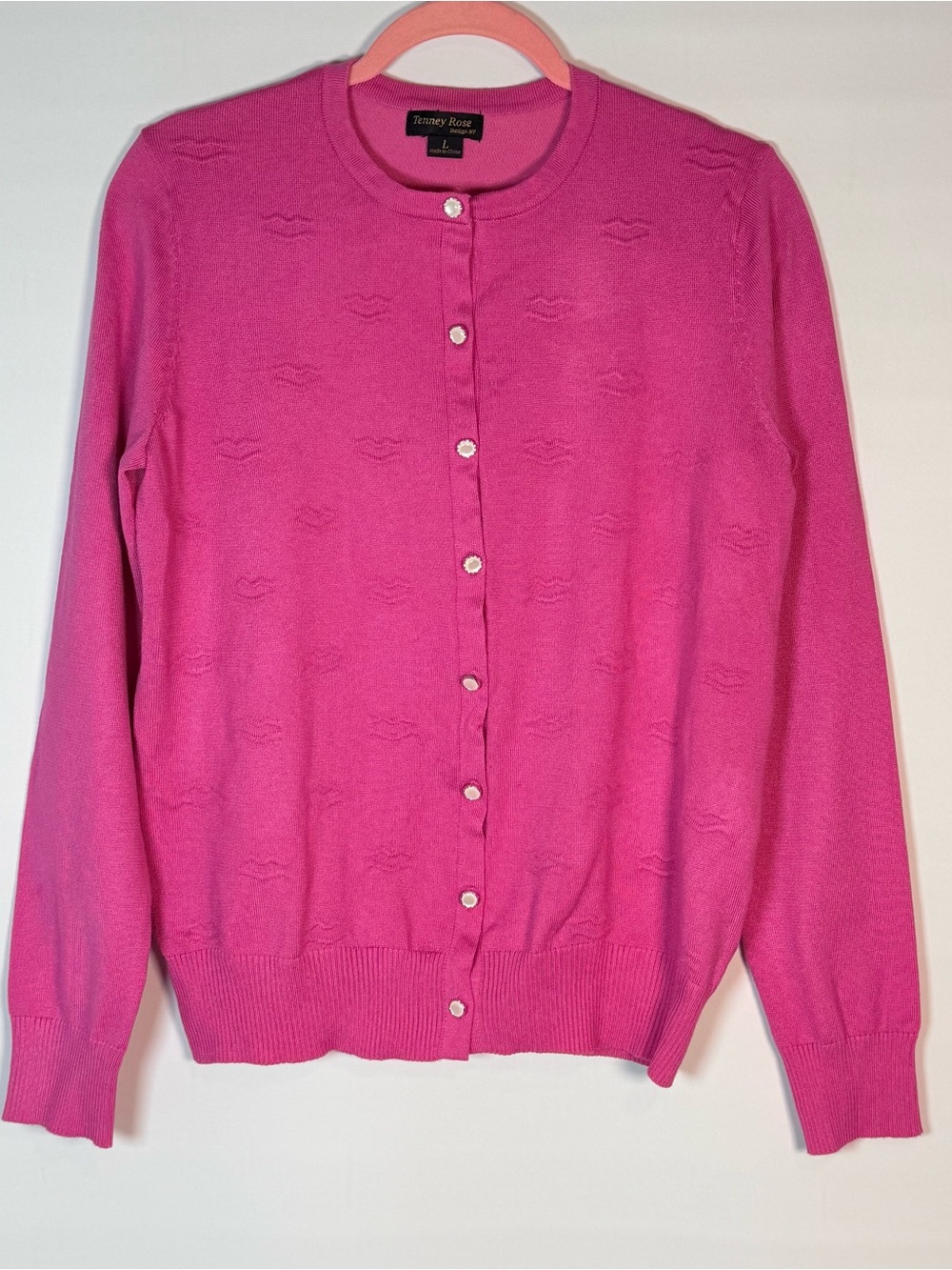 NWOT Pink Lightweight Sweater Cardigan Button Up Knit Top Kisses Lips Size L